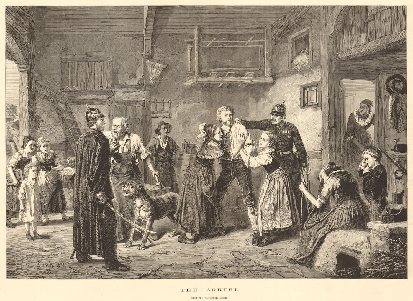 The arrest. From the picture by Lasch. Police. Militaria 1874 old print